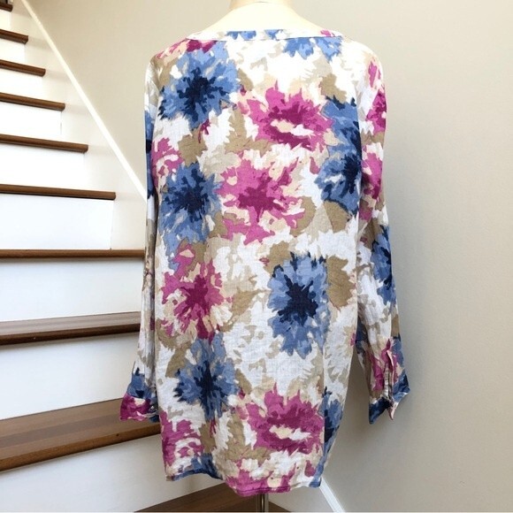 JM Collection Blouse Womens 14 Purple Blue Linen Watercolor Floral Asymmetrical - Picture 5 of 12